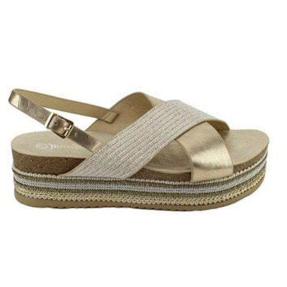 Nature Breeze Criss-Cross Slingback Chains Beaded Platform Sandals - Picture 2 of 4